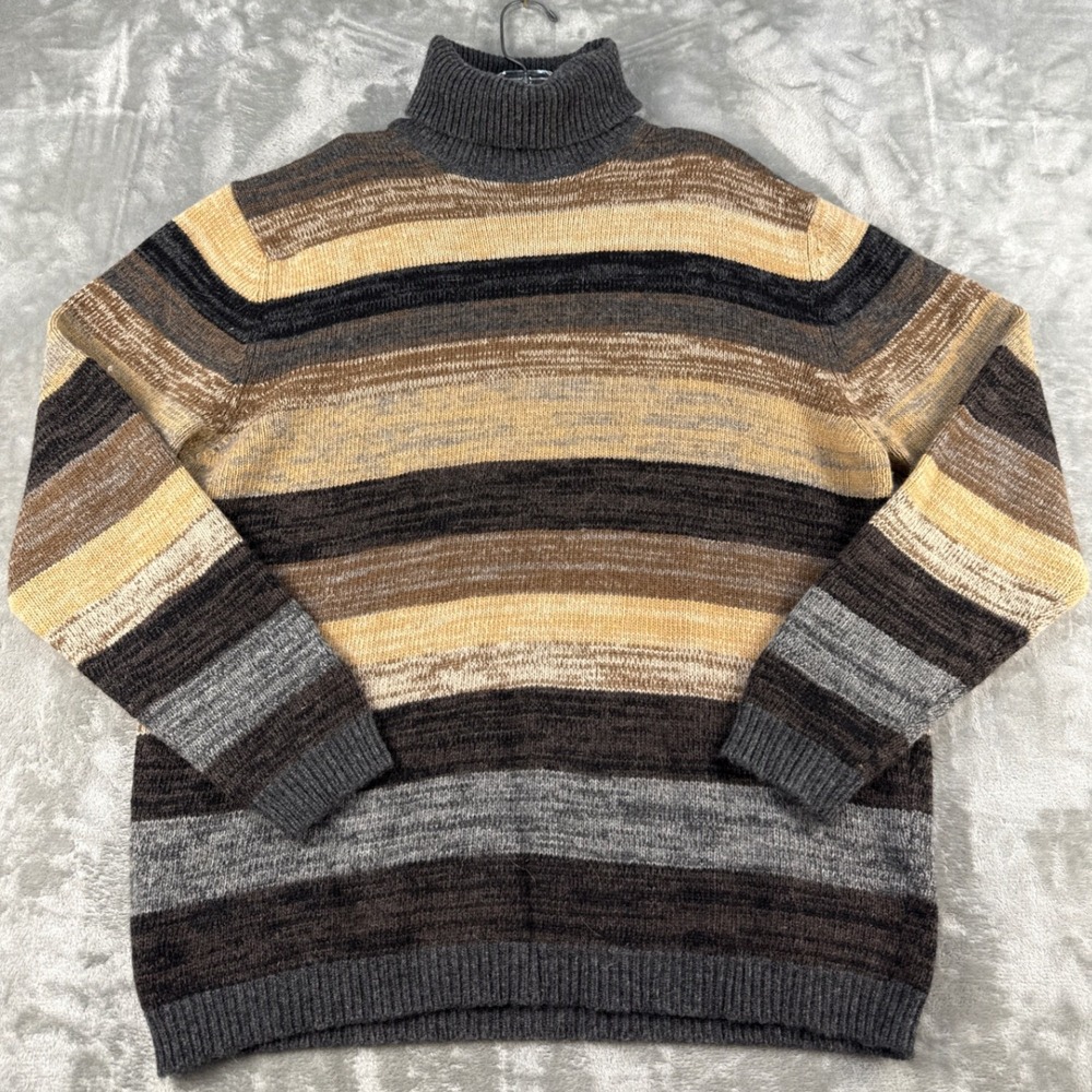 Faconnable Sweater Mens L Wool Turtleneck Brown Striped EUC